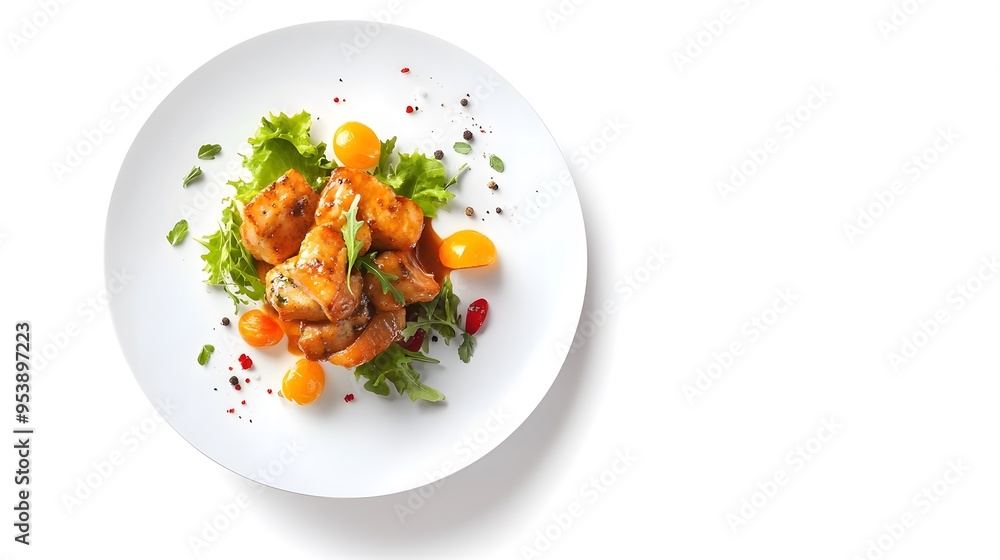 A gourmet dish ready for delivery on a clean white background A gourmet dish ready for delivery on a clean white background