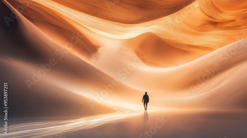 A person walking through a desert where the sand dunes are made of flowing water, their steps leaving behind trails of light and reflection