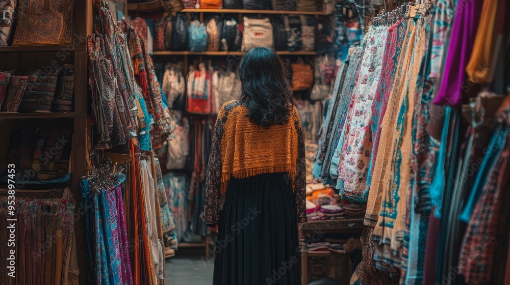 A person standing in a traditional costume shop, trying on garments with a mix of pride and nostalgia, reconnecting with their cultural roots A person standing in a traditional costume shop, trying on garments with a mix of pride and nostalgia, reconnecting with their cultural roots