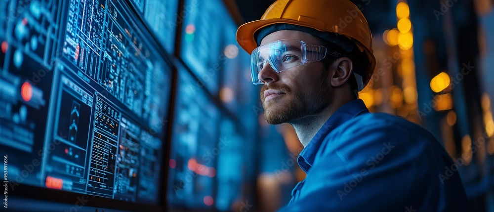 A control system worker keeping an eye on an industrial pipeline power plant's operator room A control system worker keeping an eye on an industrial pipeline power plant's operator room