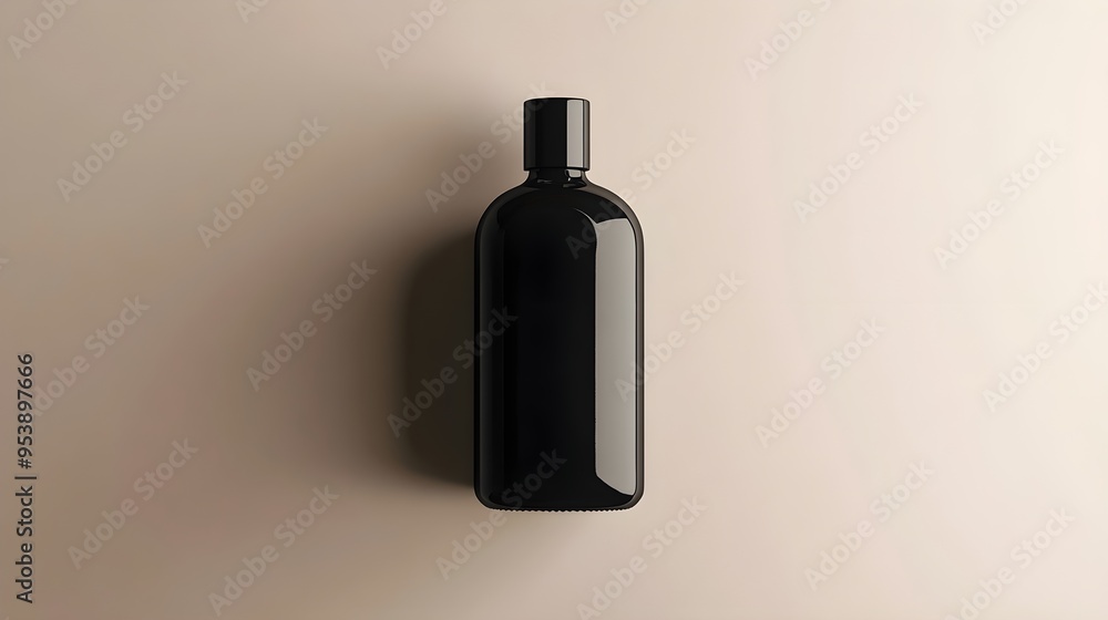 A sleek black bottle positioned centrally on a light solid color background, showcasing its smooth curves and glossy finish A sleek black bottle positioned centrally on a light solid color background, showcasing its smooth curves and glossy finish