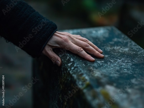 A person's hand resting on a gravestone, capturing the profound sense of loss, remembrance, and enduring love