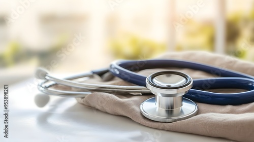 A stethoscope laid on a soft cloth, with a blurred background that emphasizes its shape and color photo