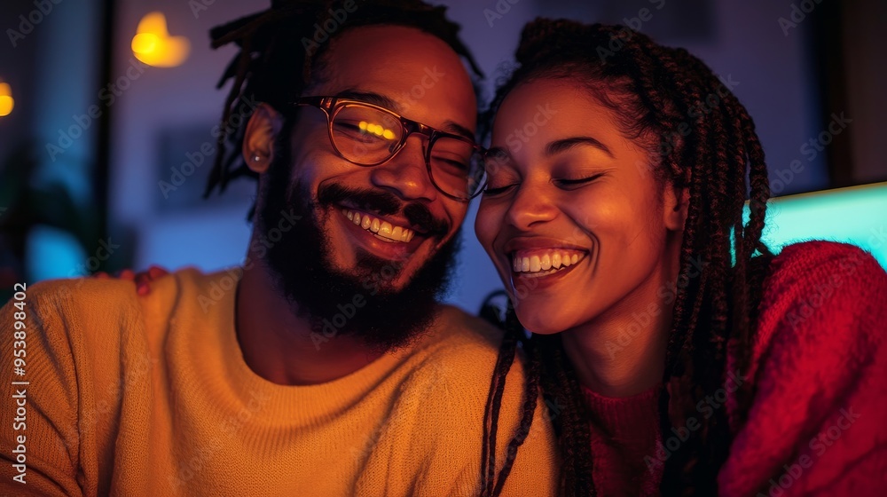 A couple on a video call, their faces glowing with love and connection despite the distance, capturing the emotional bond in a digital age A couple on a video call, their faces glowing with love and connection despite the distance, capturing the emotional bond in a digital age