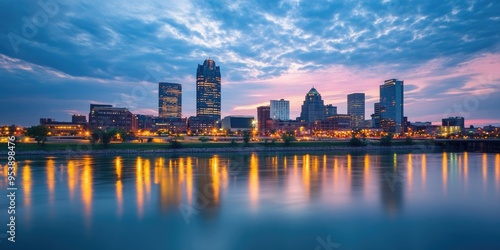 Dayton Ohio Skyline. Downtown City Landscape with Riverfront View