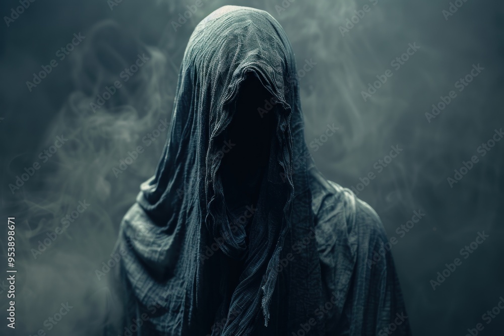 Faceless ghost hiding in the dark, surrounded by smoke