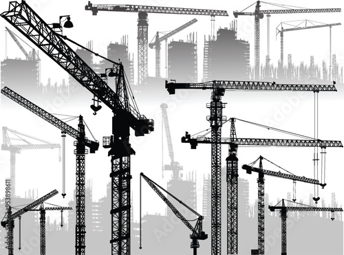 many tower cranes and grey buildings on white