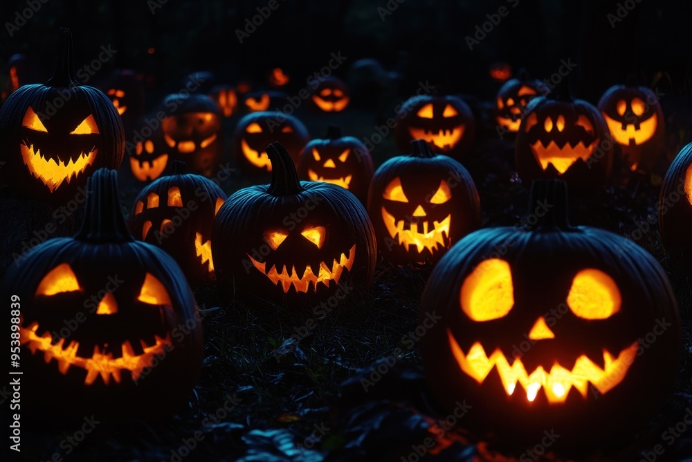 Many illuminated halloween pumpkins glowing at night Many illuminated halloween pumpkins glowing at night