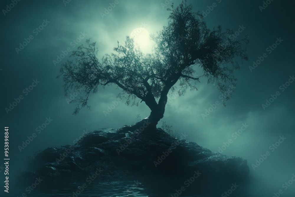 Lonely tree growing on rocky island under moonlight Lonely tree growing on rocky island under moonlight