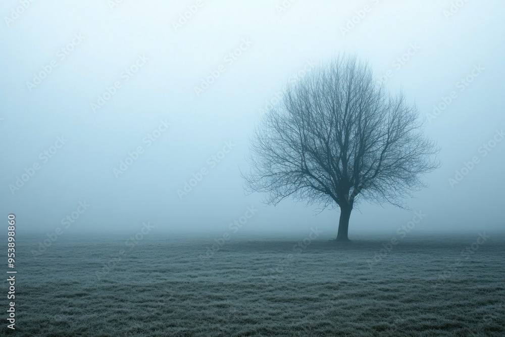 Lonely bare tree standing in a foggy field Lonely bare tree standing in a foggy field