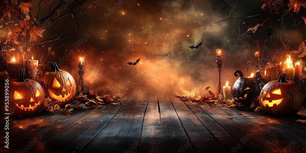 Fototapeta premium Halloween pumpkins glowing on a spooky night background