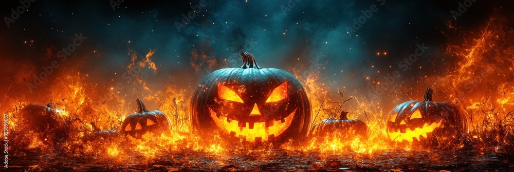Halloween pumpkins burning in a field of fire at night Halloween pumpkins burning in a field of fire at night