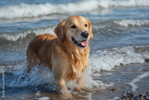 Fauci the Golden Retriever Emerges from Water with Stick in Mouth