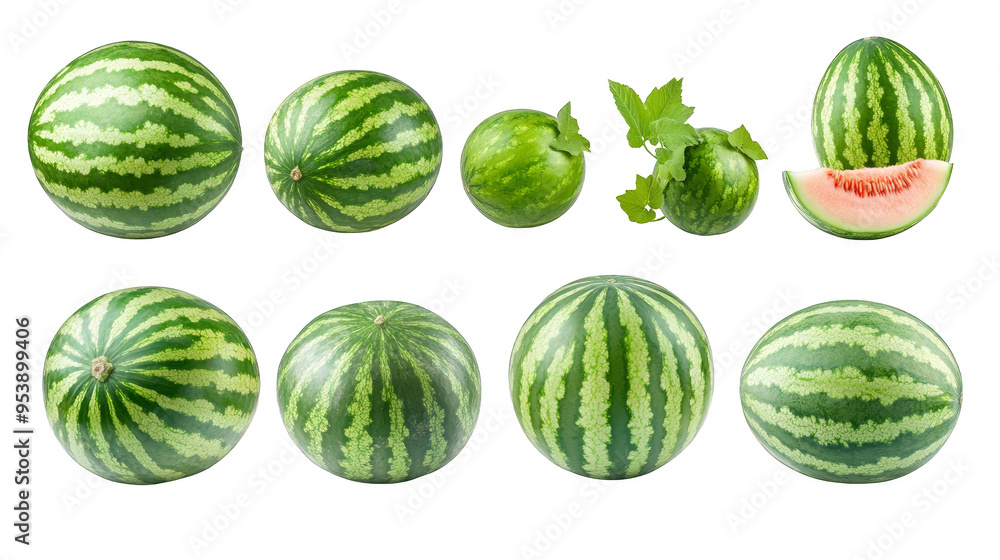 Fresh Ripe Watermelons with Slice and Leaves Isolated on White Fresh Ripe Watermelons with Slice and Leaves Isolated on White
