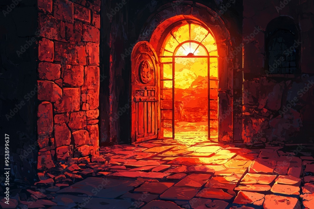 Fototapeta premium An Open Doorway to a Golden Sunset Landscape