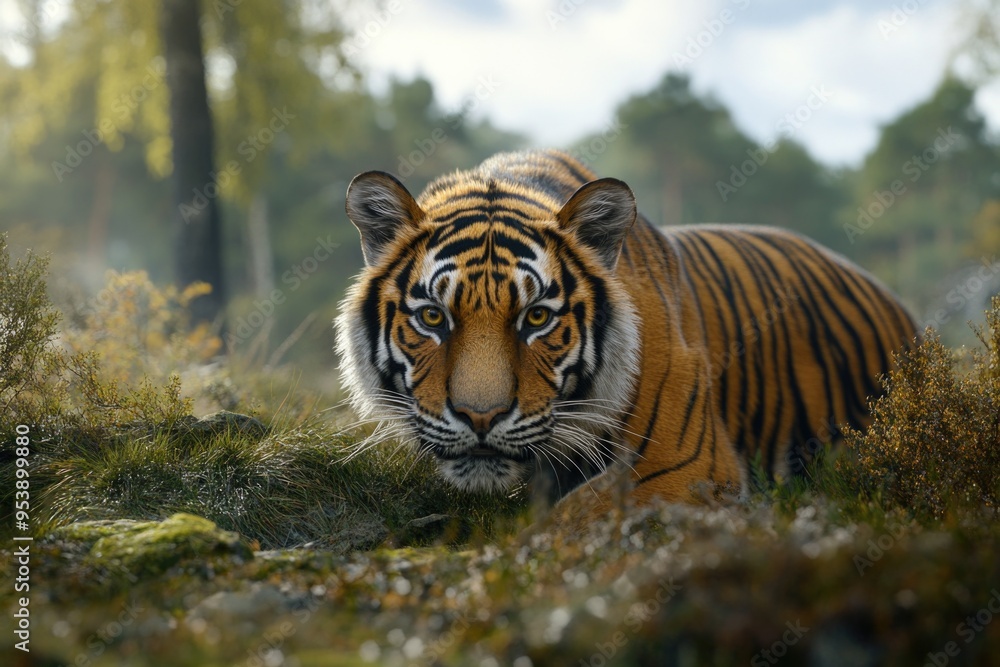 Fototapeta premium Tiger Walking Through Lush Green Forest