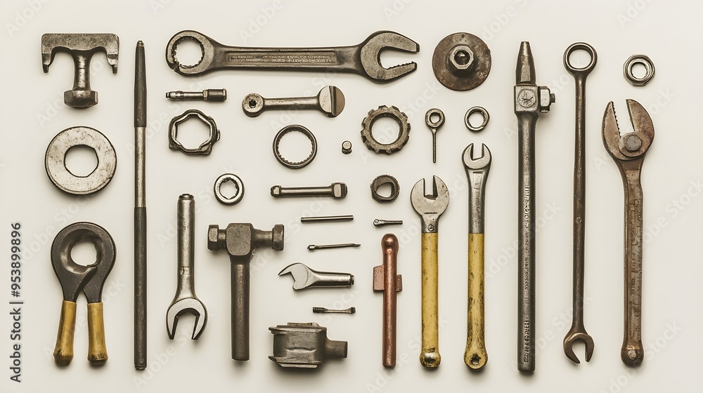 Fototapeta premium A collection of various mechanic tools arranged neatly on a light solid color background, emphasizing their details and textures