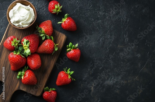 Fresh Strawberries with Whipped Cream on a Rustic Board