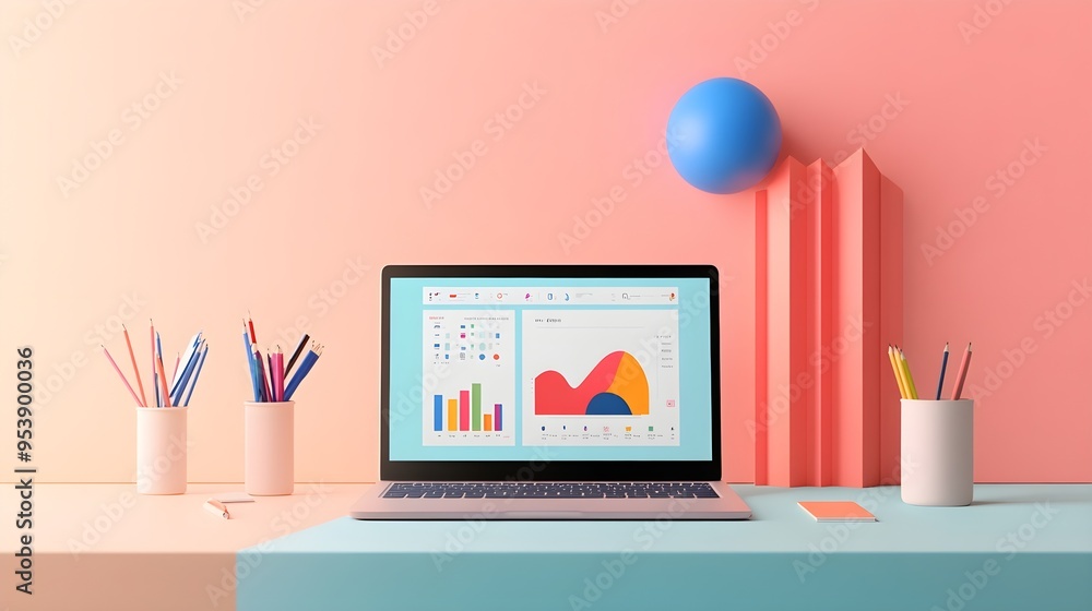 A laptop with a modern software interface displayed on the screen, surrounded by stationery items on a light solid color background A laptop with a modern software interface displayed on the screen, surrounded by stationery items on a light solid color background