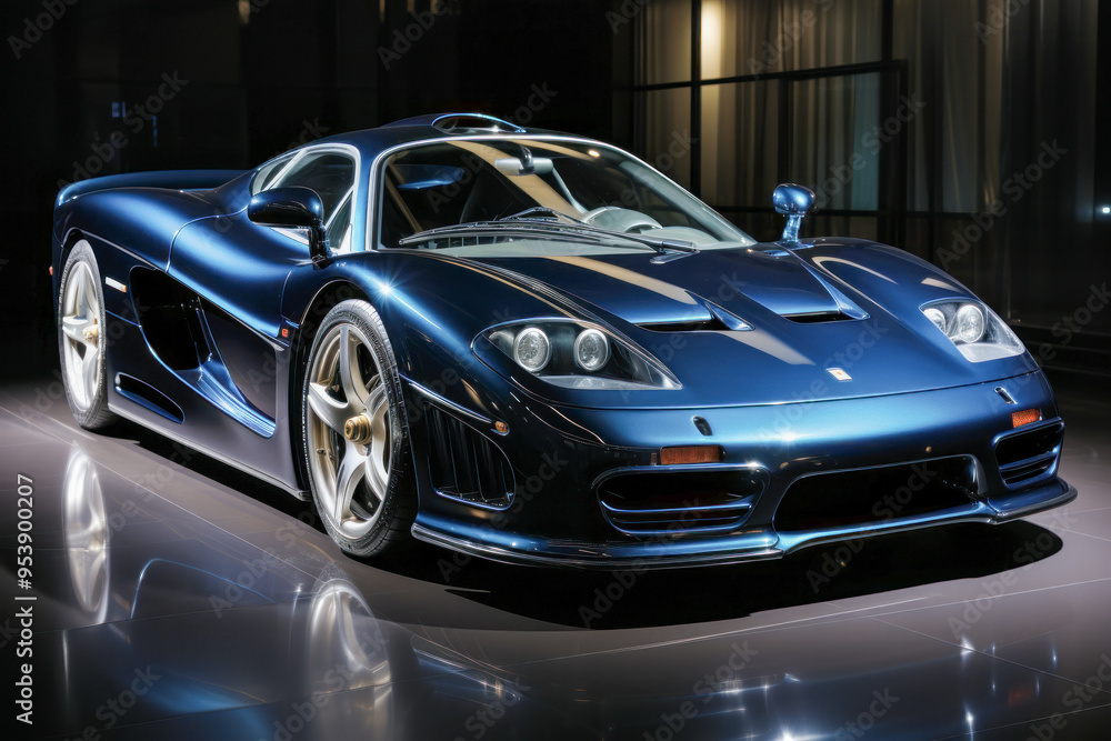 Sleek Blue Sports Car on Reflective Surface Sleek Blue Sports Car on Reflective Surface
