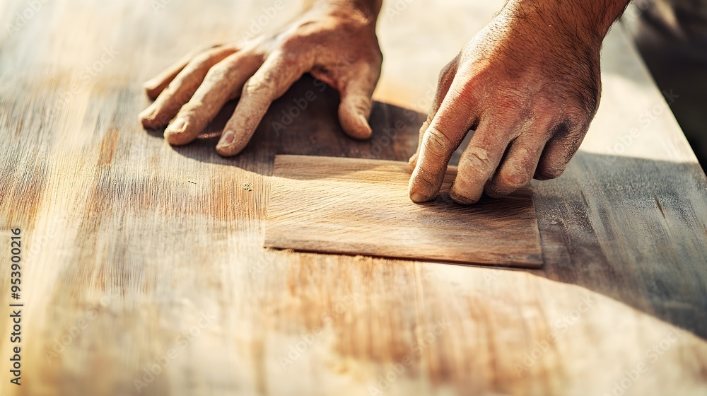 Close-up of hands sanding a wooden surface, with the texture of the wood highlighted, on a light solid color background Close-up of hands sanding a wooden surface, with the texture of the wood highlighted, on a light solid color background