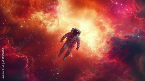 An astronaut floats through space amidst a vibrant nebula and starry background