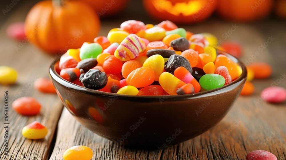 A bowl filled with a variety of Halloween candies, ready for trick-or-treaters. copy space for text. A bowl filled with a variety of Halloween candies, ready for trick-or-treaters. copy space for text.
