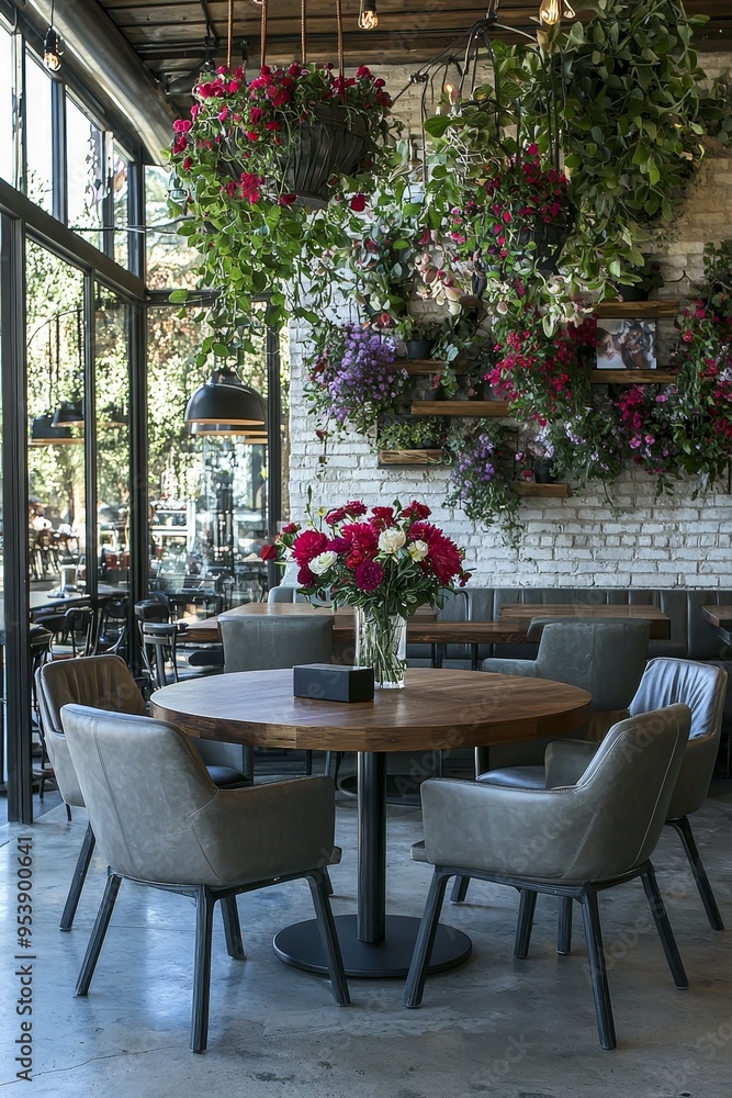 Urban Cafe Table with Hanging Flowers Low Angle View of Industrial Design with Exposed Brick Walls and Greenery Coffee Urban Cafe Table with Hanging Flowers Low Angle View of Industrial Design with Exposed Brick Walls and Greenery Coffee