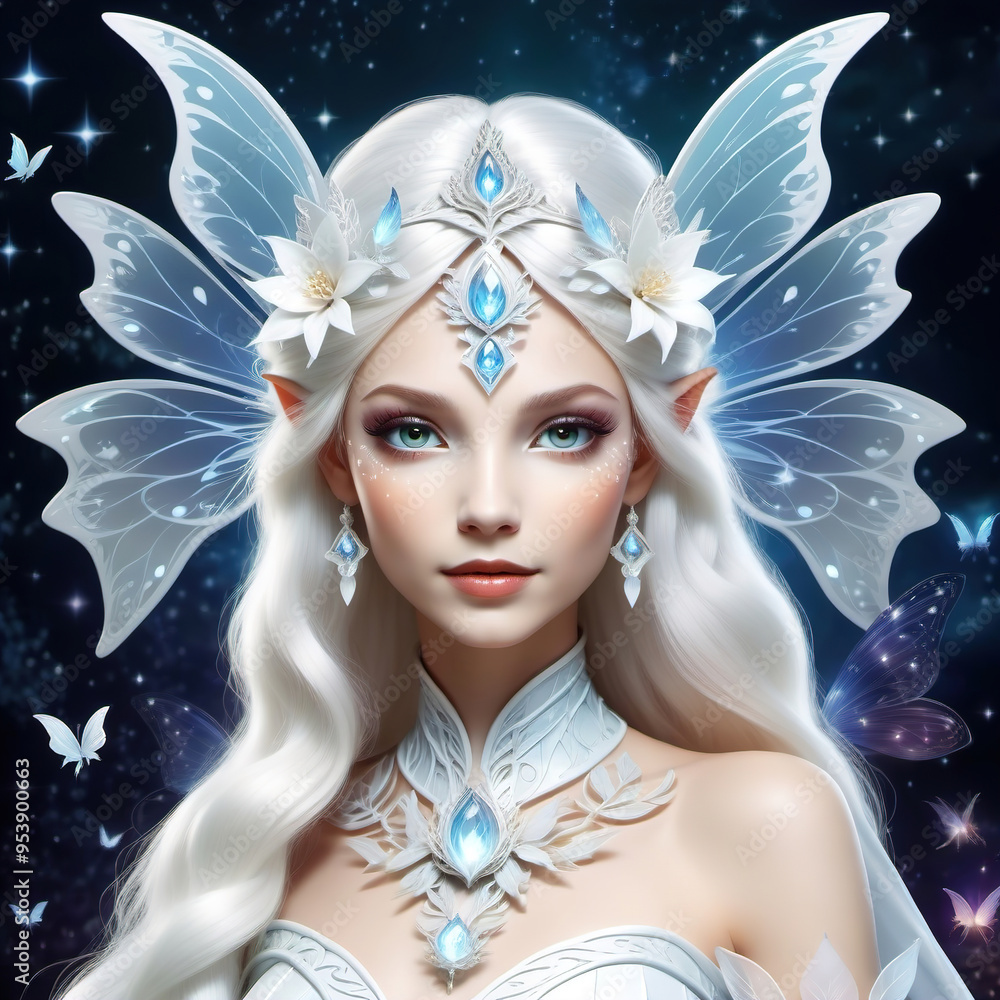 Fairytale portrait of an elven princess with white hair and wings. Fairytale portrait of an elven princess with white hair and wings.