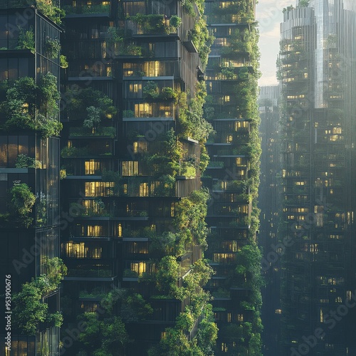 Wallpaper Mural AI optimizing vertical forests in skyscrapers, merging architecture and nature, urban sustainability innovation Torontodigital.ca