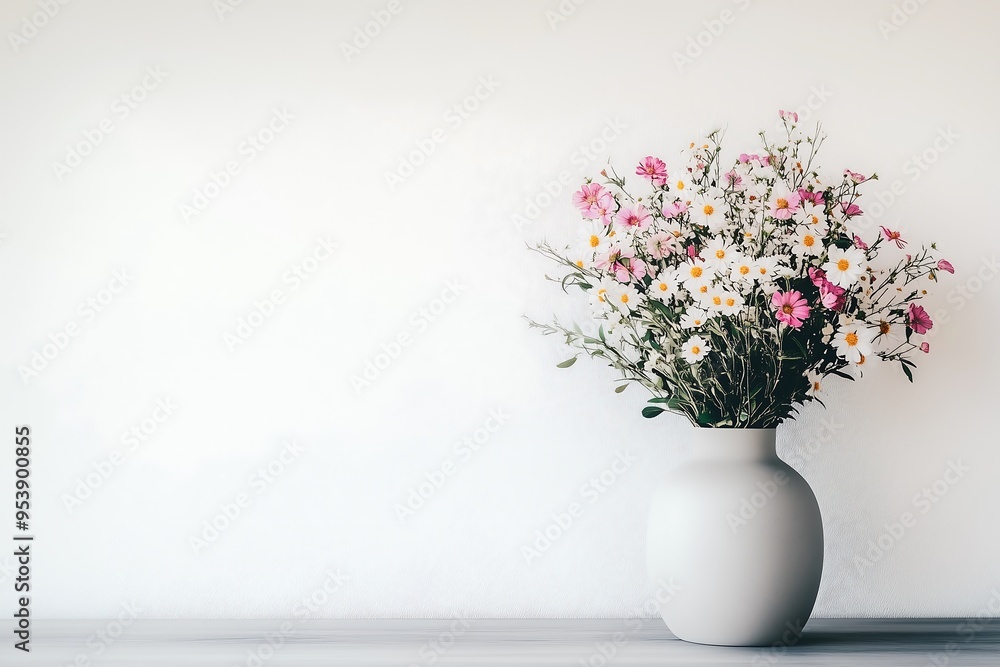 Simple Vase with Fresh Wildflowers Against a Clean White Wall Simple Vase with Fresh Wildflowers Against a Clean White Wall