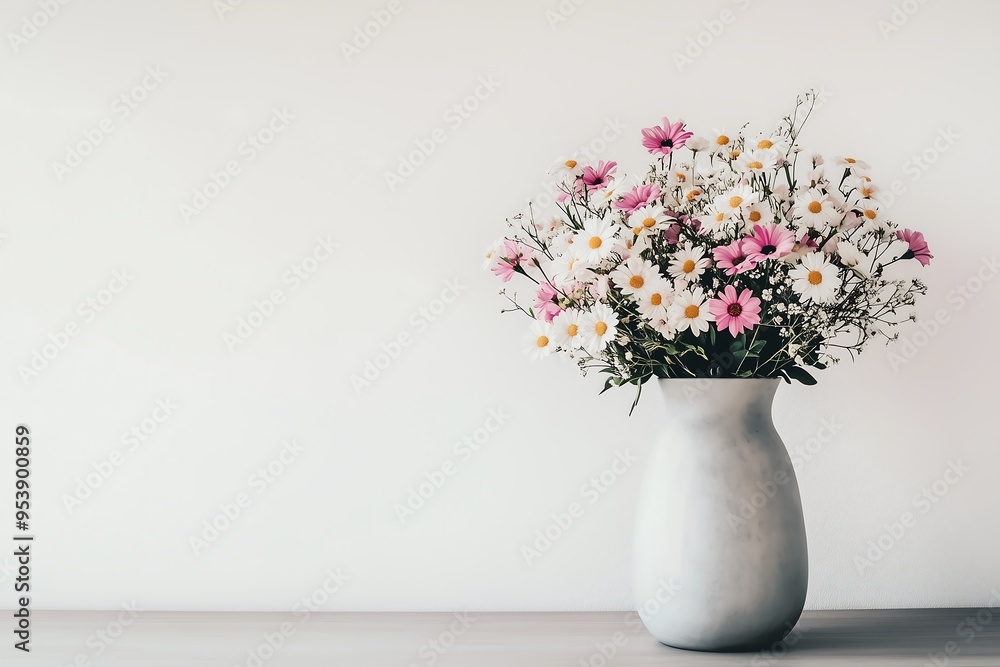 Simple Vase with Fresh Wildflowers Against a Clean White Wall Simple Vase with Fresh Wildflowers Against a Clean White Wall