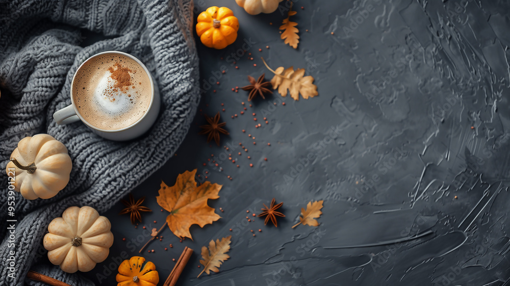 Cozy Autumn Coffee Scene with Pumpkins and Leaves Cozy Autumn Coffee Scene with Pumpkins and Leaves