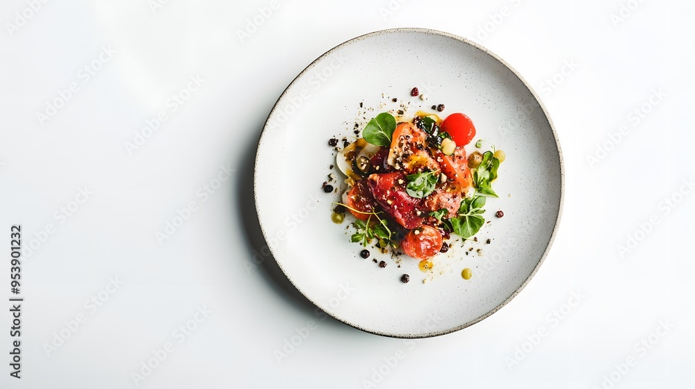 A minimalist presentation of a gourmet dish on a clean white background A minimalist presentation of a gourmet dish on a clean white background