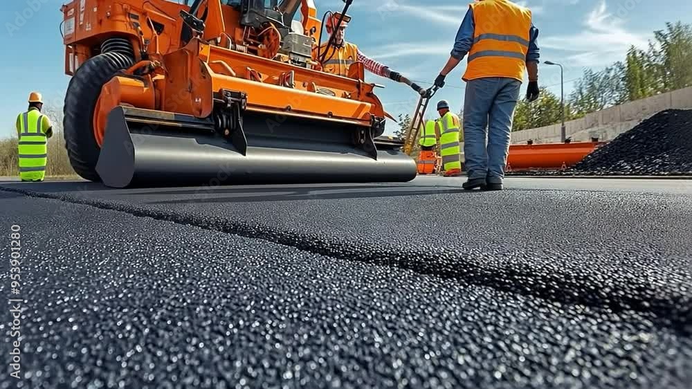 After the asphalt has been placed, workers utilise an airbrush equipment to put markings to the road.