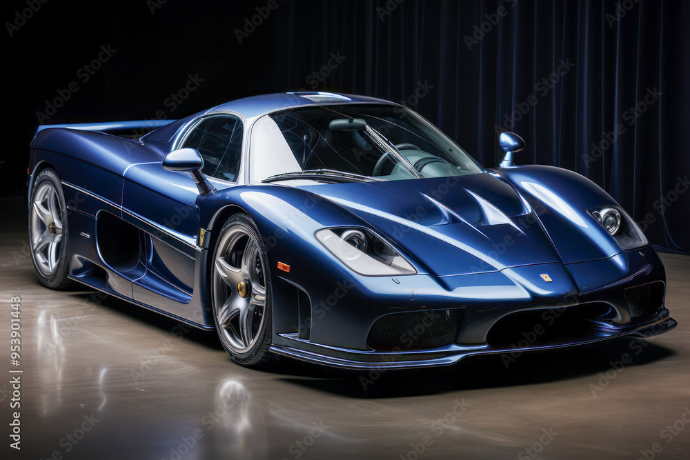 Sleek Blue Sports Car on Reflective Surface Sleek Blue Sports Car on Reflective Surface