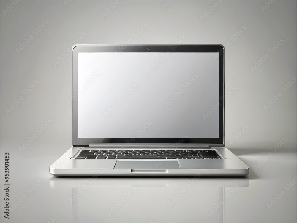 A modern, sleek laptop computer with a blank screen sits isolated on a minimalist, light-gray background, symbolizing A modern, sleek laptop computer with a blank screen sits isolated on a minimalist, light-gray background, symbolizing