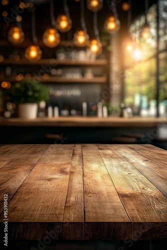 Warm Wood Tabletop with Blurred Cafe Background Bokeh Lights and Natural Elements Coffee