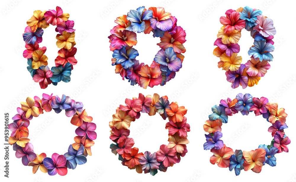 Colorful flower wreaths in different designs isolated on transparent background Colorful flower wreaths in different designs isolated on transparent background