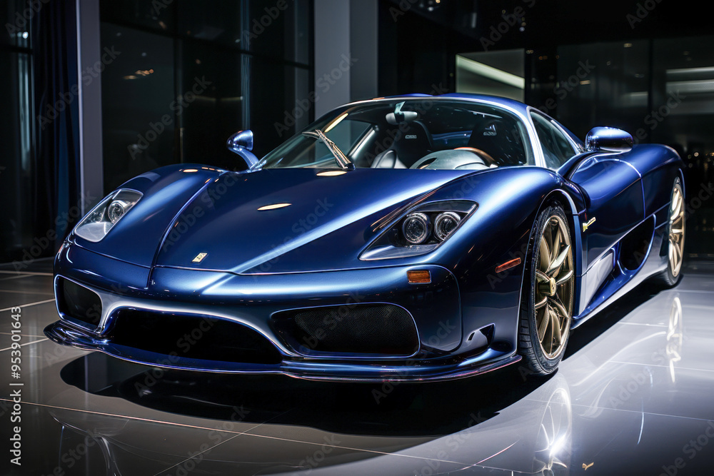 Sleek Blue Sports Car on Reflective Surface Sleek Blue Sports Car on Reflective Surface