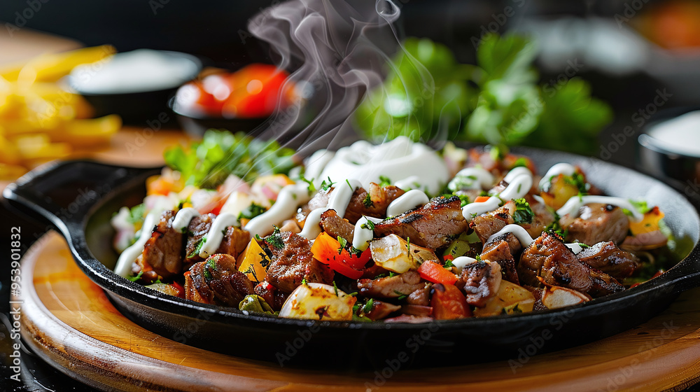 a sizzling plate of Middle Eastern shawarma with accompaniment a sizzling plate of Middle Eastern shawarma with accompaniment