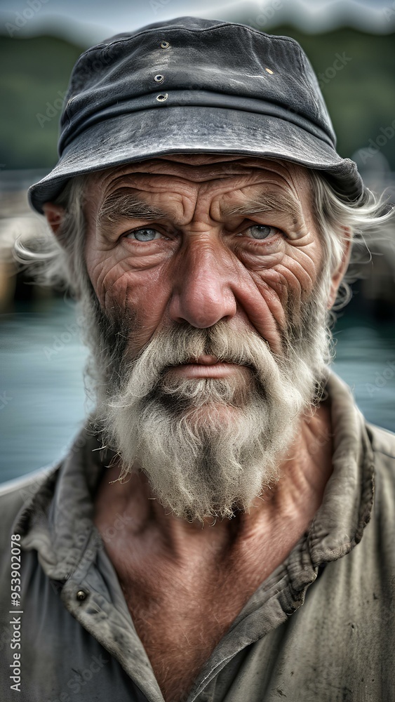 Seasoned fisherman with weathered skin, deep wrinkles, white beard, fisherman's hat, piercing gaze, standing before softly blurred dock background, highlighting rugged features, captured in natural li Seasoned fisherman with weathered skin, deep wrinkles, white beard, fisherman's hat, piercing gaze, standing before softly blurred dock background, highlighting rugged features, captured in natural li