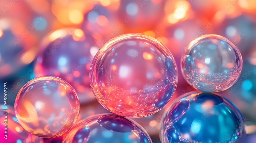 Cluster of vibrant glowing spheres with a bokeh effect in a colorful abstract scene Cluster of vibrant glowing spheres with a bokeh effect in a colorful abstract scene