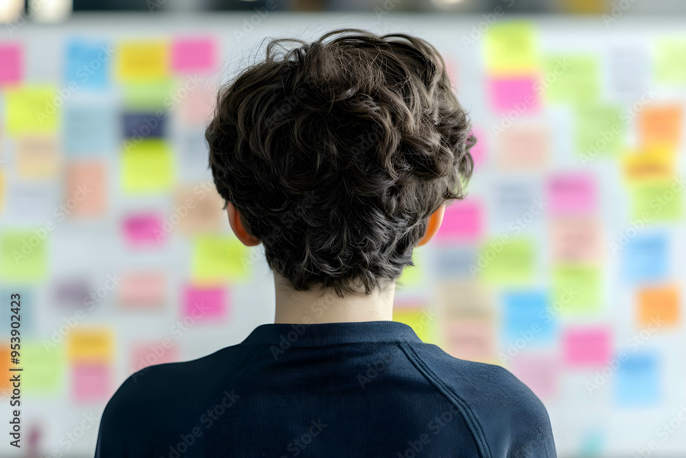 A young person standing in front of a wall of expectations. Societal expectation and environmental pressure concept A young person standing in front of a wall of expectations. Societal expectation and environmental pressure concept