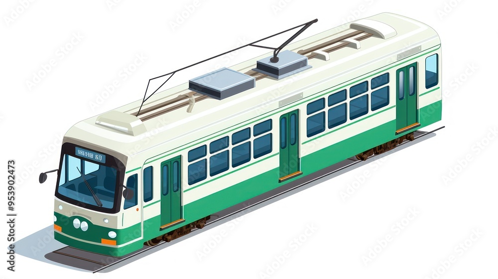 Naklejka premium Light Rail or speed tram isolated on white background, a mode of transport. The modern vehicle runs on electricity. Isometric minimalistic art, game asset
