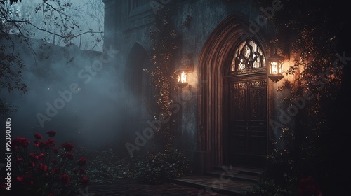 A close-up of a haunted house entrance, with eerie decorations and a foggy atmosphere.