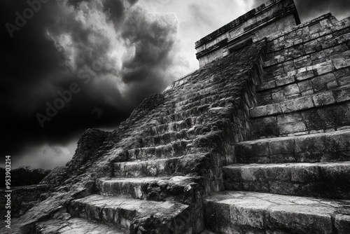 Yucatan Storm: Ancient Religious Ruin, Chichen Itza Pyramid Amidst Thunderous Sky photo