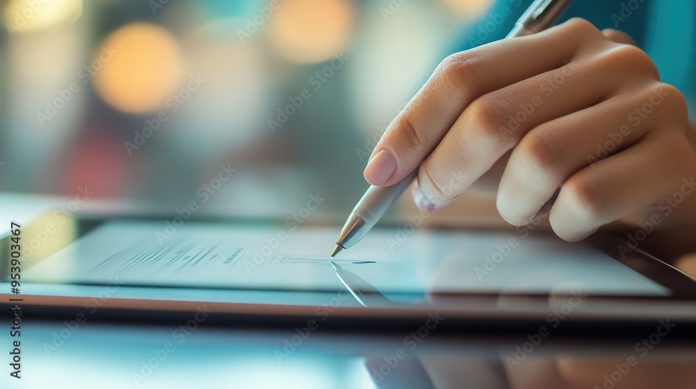 A close-up of a peer-to-peer insurance agreement being signed electronically on a tablet. A close-up of a peer-to-peer insurance agreement being signed electronically on a tablet.