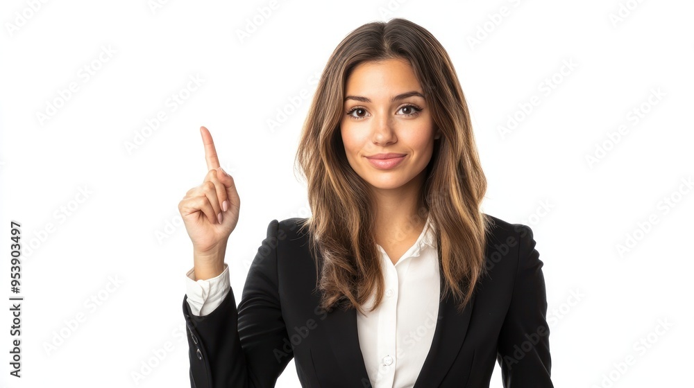 Businesswoman pointing up with a smile Businesswoman pointing up with a smile
