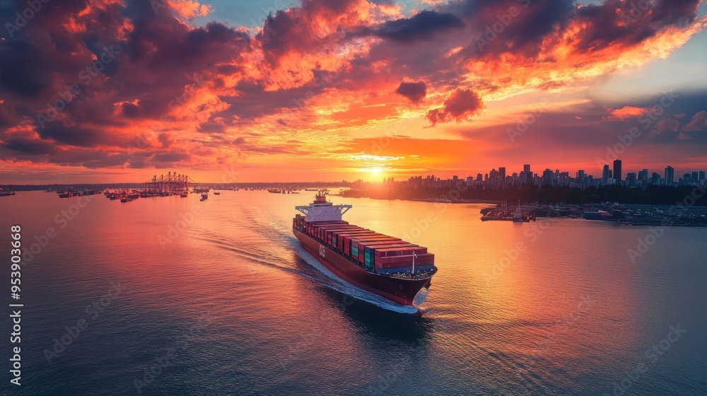 Naklejka premium Cargo Ship Sailing at Sunset